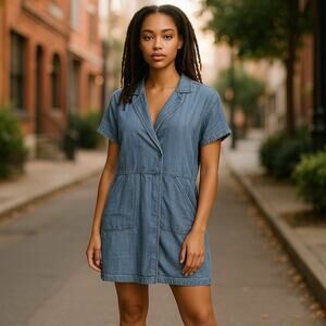 Trina Turk Chambry Lightweight Popover Dress Blue Frayed Hemline Linen Blend M